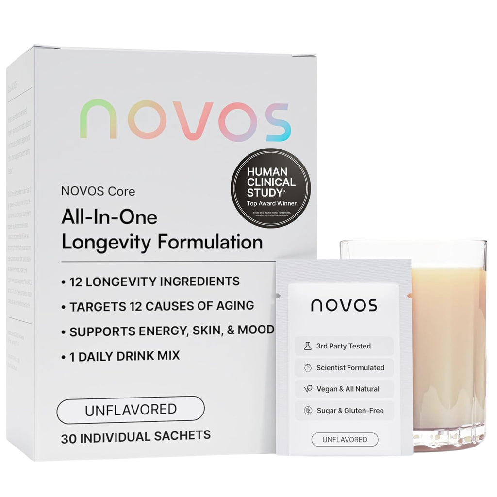 Novos Core - Clinically Studied Daily Longevity Supplement | 12 Active Ingredients for Healthy Aging, Energy, Cognition & Skin Health | Human Clinical Trial Backed | Unflavored | 30 Servings