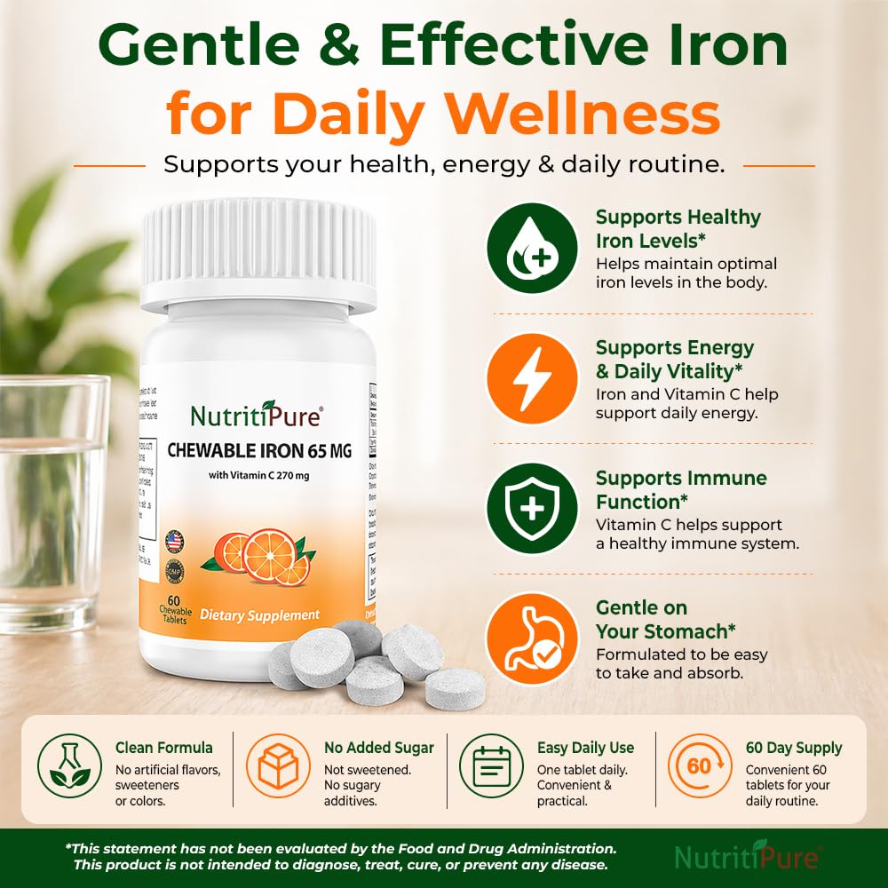 Carbonyl Iron 65mg Chewable Tablets with 270mg Vitamin C – Gentle, Non-Constipating Iron Supplement for Women & Men – Bariatric Friendly – Sugar Free – 2 x 60 Count (120 Day Supply)