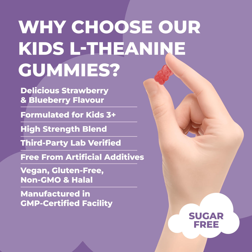 Kids L Theanine Gummies – 50mg with Magnesium Glycinate & Prebiotics to Improve Kids Concentration & Focus | Sugar-Free, Vegan & Chewable | Ages 3+ | Berry Flavour | 1 Month Supply