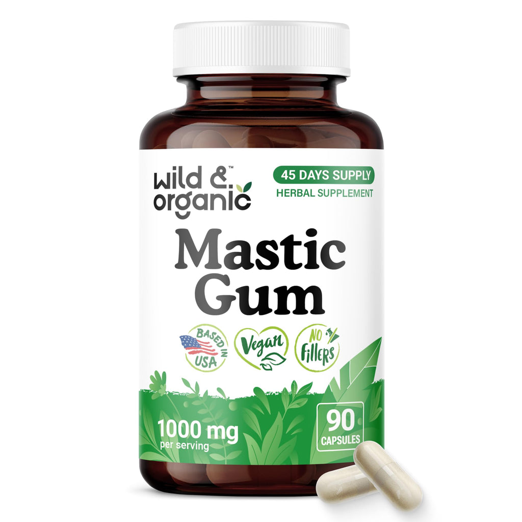 Wild & Organic Mastic Gum Capsules - 1000 mg Mastic Gum Supplement for Gut Support - 45 Days of Supply - 90 Vegan Resin Capsules - No Fillers, Non-GMO, Gluten-Free