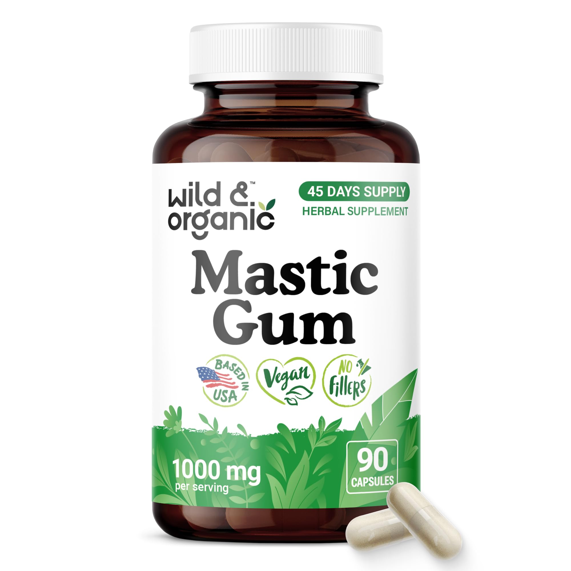 Wild & Organic Mastic Gum Capsules - 1000 mg Mastic Gum Supplement for Gut Support - 45 Days of Supply - 90 Vegan Resin Capsules - No Fillers, Non-GMO, Gluten-Free