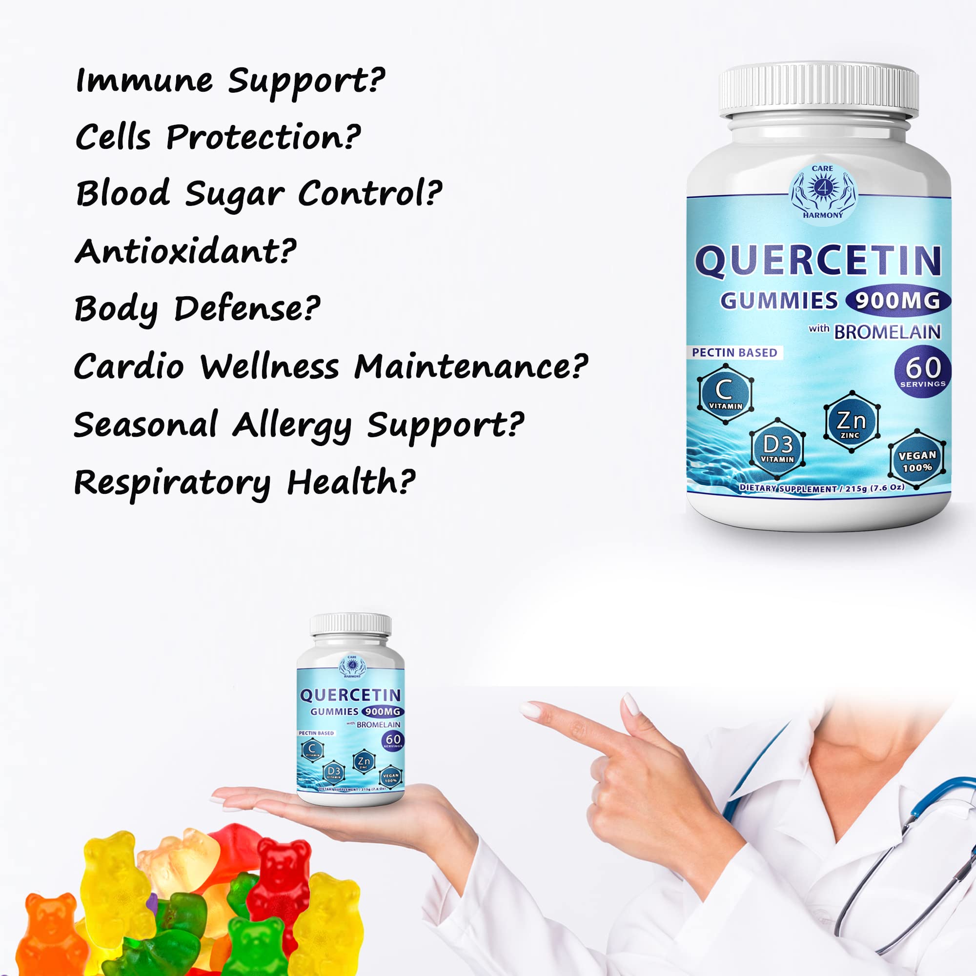 (2 Pack) Quercetin Gummies - Quercetin with Bromelain Vitamin C + Zinc Vitamin D3 – Chewable Quercetin 900mg Supplements - Quercetin for Kids and Adults (2)