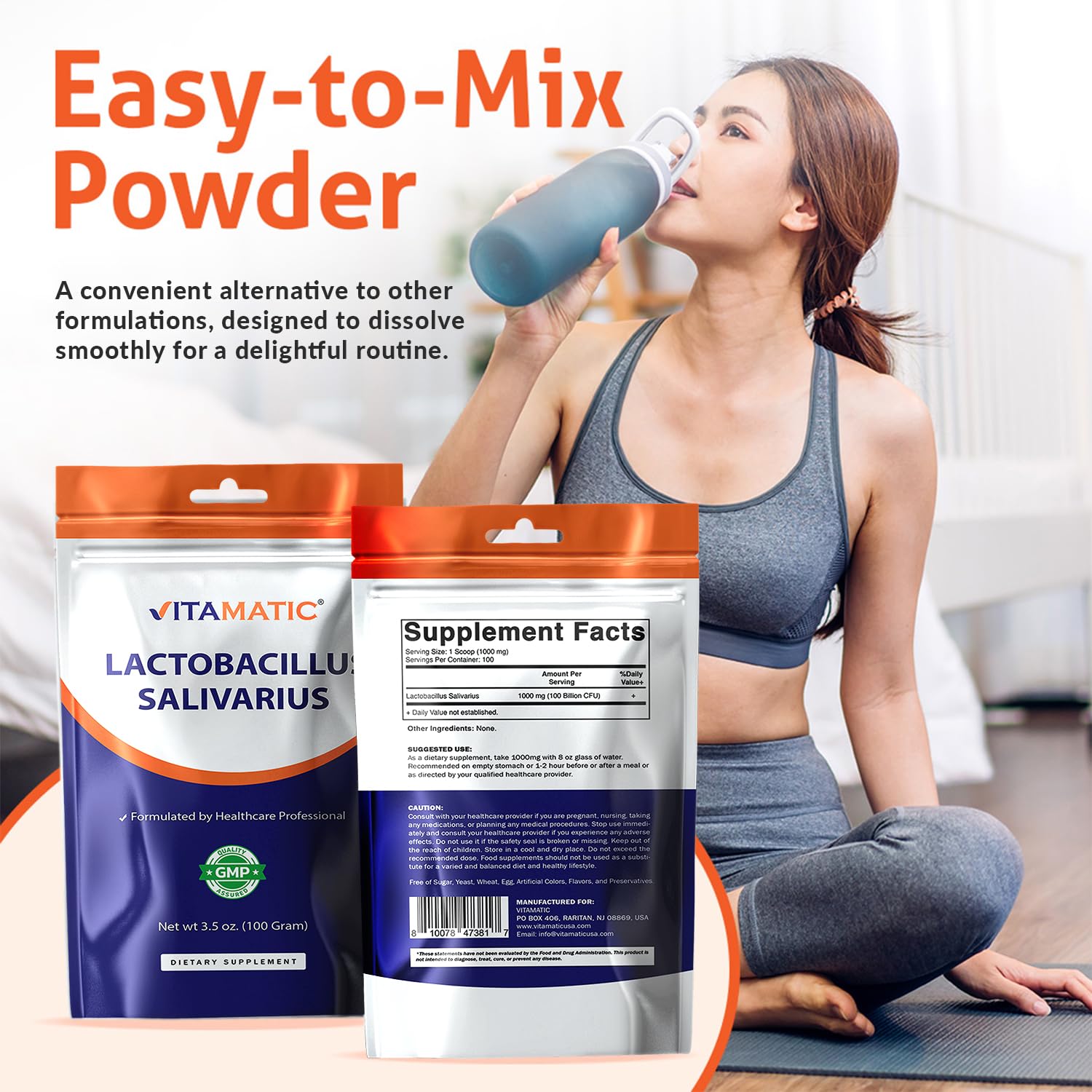 Vitamatic Lactobacillus Salivarius Probiotic Powder - Digestive Support - 100 Gram (3.5 OZ) - 100 Servings