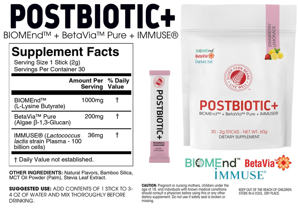 Silver Fern Brand Postbiotic+ Strawberry Lemonade Powder – Postbiotic Supplement with BIOMend™, BetaVia™, and Immuse® – Supports The Digestive System & Overall Wellness – 30 Stick Packs