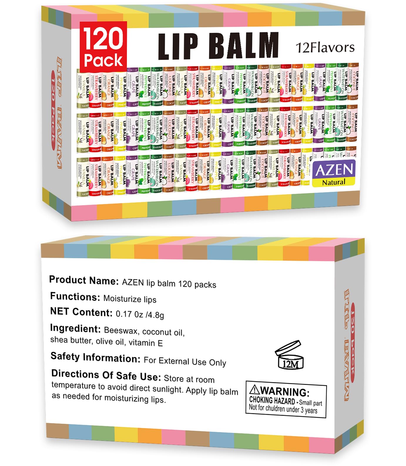 AZEN 120 Pack Lip Balm Bulk, Moisturizing Lip Balms for dry cracked lips, Mothers Day Gifts Easter Basket Stuffers - 12 Flavors