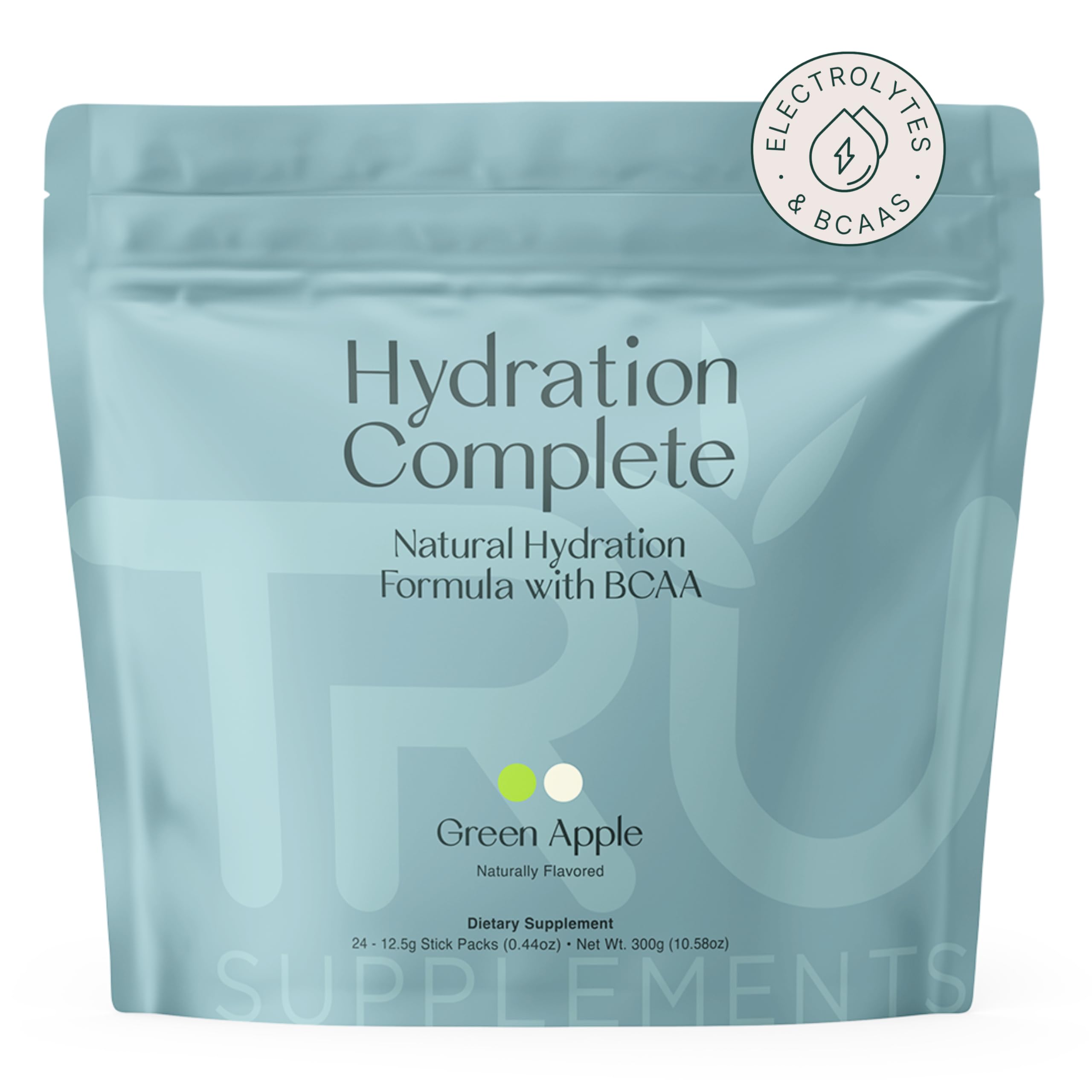 TRU Supplements Hydration Complete BCAA, Plant Based Amino Acids + Pink Himalayan Salt, Electrolytes & L-Carnitine, Vegan, Zero Calories, No Artificial sweeteners, 24 Servings, Green Apple