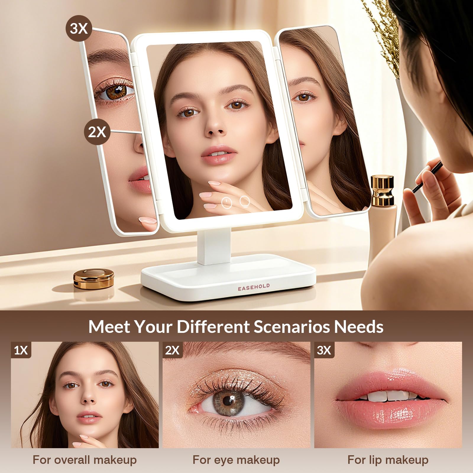 EASEHOLD Rechargeable Trifold Lighted Makeup Mirror with 1X/2X/3X Magnification, 3 Color Eye-Caring LED Lights & Touch Sensor - Foldable Vanity Mirror for Travel, Desk, Bedroom, Gifts for Women