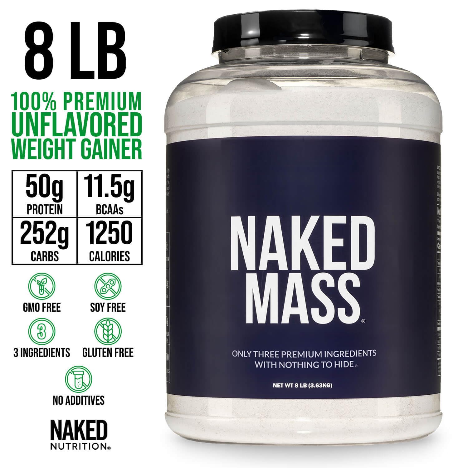 NAKED Mass - Natural Weight Gainer Protein Powder - 8 LB Bulk, NSF Certified, GMO Free, Gluten Free & Soy Free. No Artificial Ingredients - 1,250 Calories per Serving