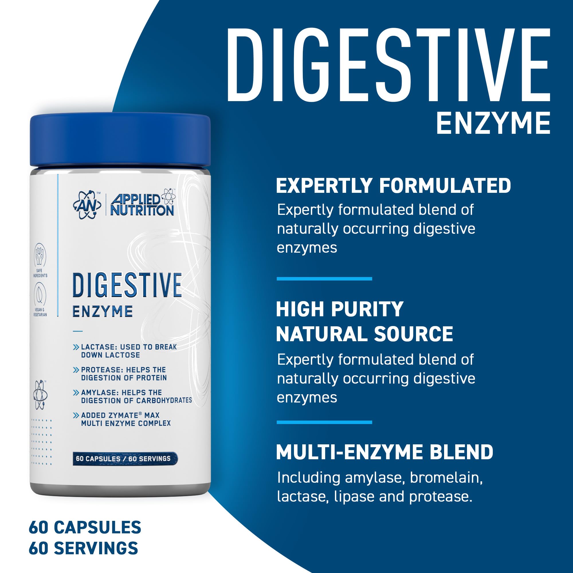 Applied Nutrition Digestive Enzyme - Vegan Digestive Enzymes Capsules, with Lactase, Protease, Amylase, Aids Digestion of Carbohydrates, Lactose, Proteins, Fats, for Flatulence Control (60 Servings)