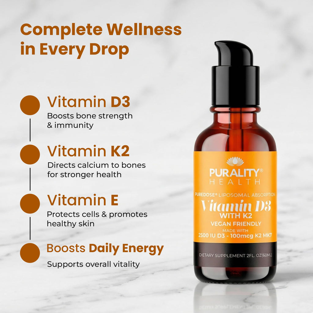 PURALITY HEALTH Vitamin D3 with K2 Liquid Supplement, Vegan, Micelle Liposomal Enhanced Absorption, Non-GMO, 30 Day Supply