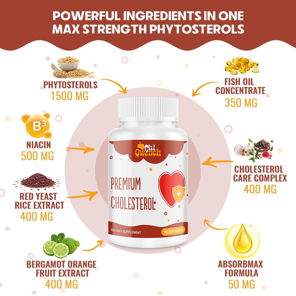 Cholesterol Supplements with Plant Sterols, Niacin, Red Yeast Rice, Citrus Bergamot, Garlic, Cholesterol Supplement Support Normal Cholesterol Levels, 180 Softgels
