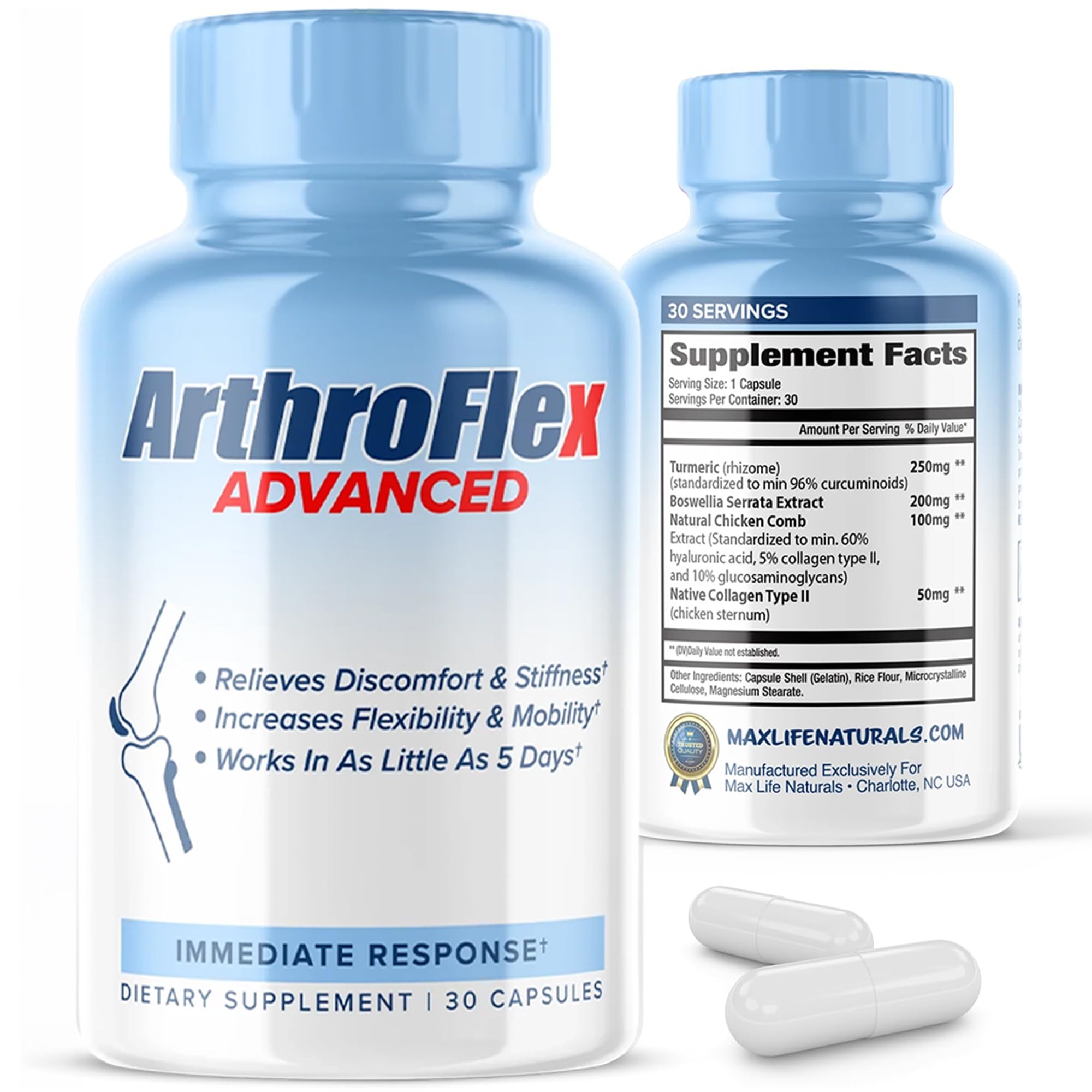 MAXLIFE NATURALS ArthroFlex Advanced Joint Support Supplement – 30 Capsules Made in USA, Type II Collagen Turmeric & Boswellia Joint Supplements for Men Women, Cartilage Flexibility & Mobility Support