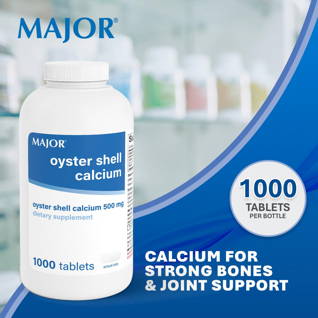 MAJOR Oyster Shell Calcium 500mg - Daily Dietary Supplement for Bone Health and Joint Support, Mineral Supplement for Men and Women, Gluten-Free - 1000 Tablets (1 Pack)