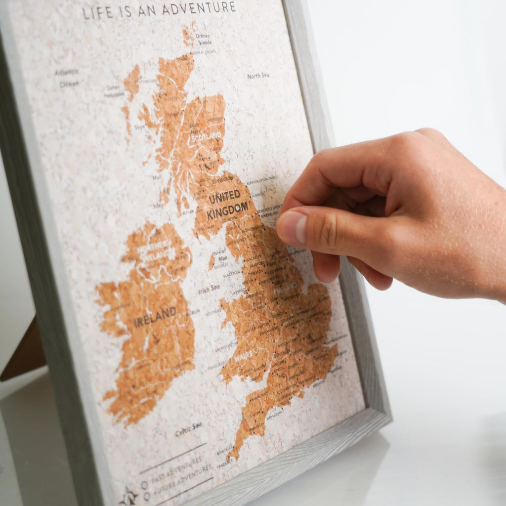 Splosh Travel Map - Desk UK Map Pin Board Grey Cork with Wooden Frame for Desk Personalise and Mark Past & Future Adventures Countries Cities with 100 Pins in 2 Colours the UK & Ireland