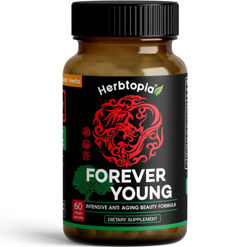 Herbtopia Forever Young Anti Aging Adaptogen Supplement with Organic Red Ginseng, Astragalus, Reishi, Lion's Mane & Codonopsis — Supports Immune Function, Healthy Aging & Longevity | 60 Vegan Caps