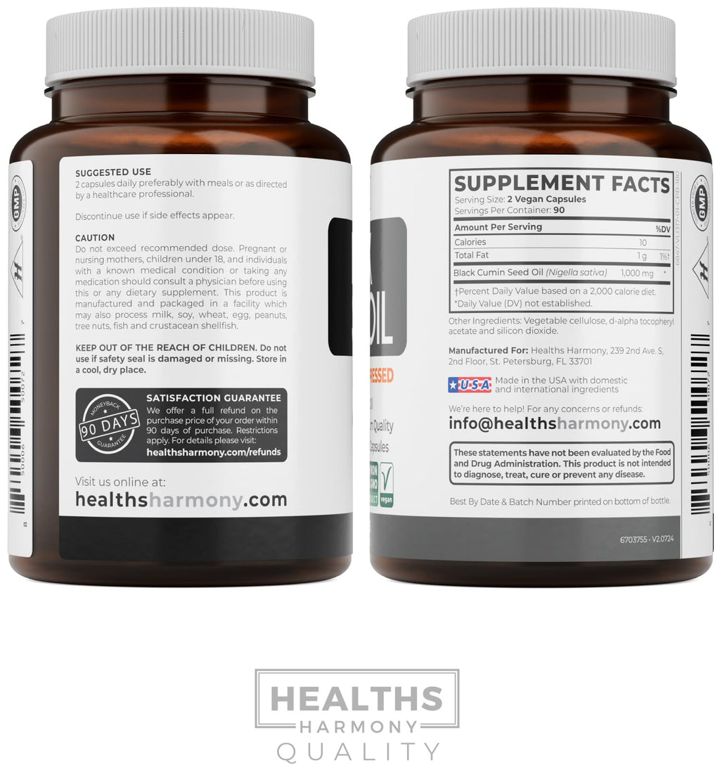 Black Seed Oil - 180 Softgel Capsules (Non-GMO & Vegan) Premium Cold-Pressed Nigella Sativa Producing Pure Black Cumin Seed Oil with Vitamin E - 500mg Each, 1000mg Per 2 Capsule Serving