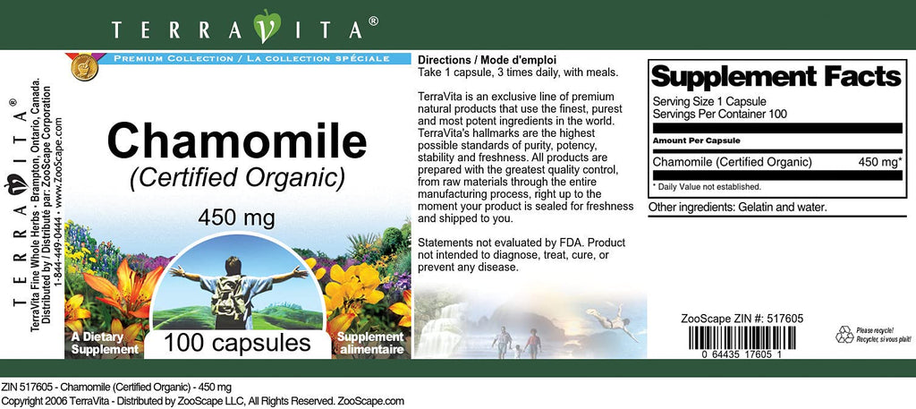 Chamomile (Certified Organic) - 450 mg (100 Capsules, ZIN: 517605) - 3 Pack