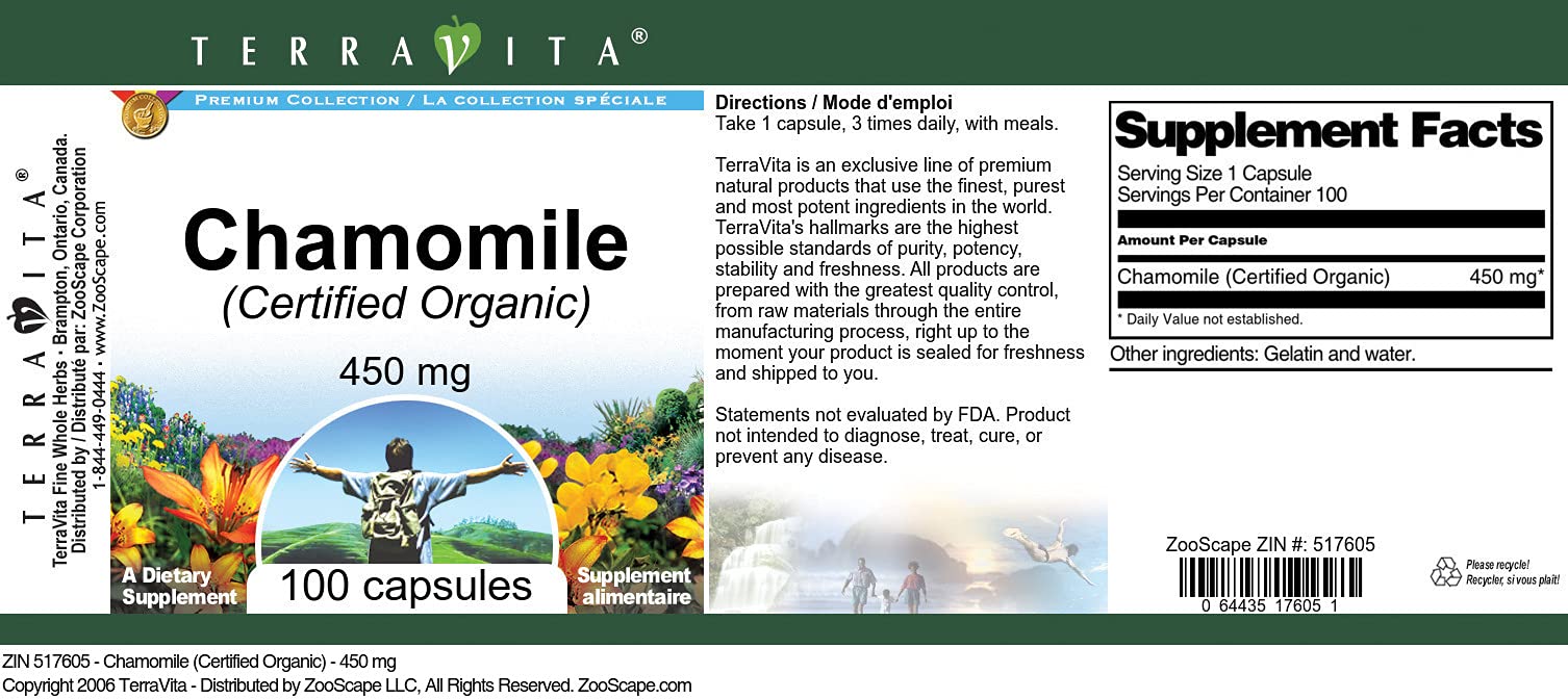 Chamomile (Certified Organic) - 450 mg (100 Capsules, ZIN: 517605) - 3 Pack