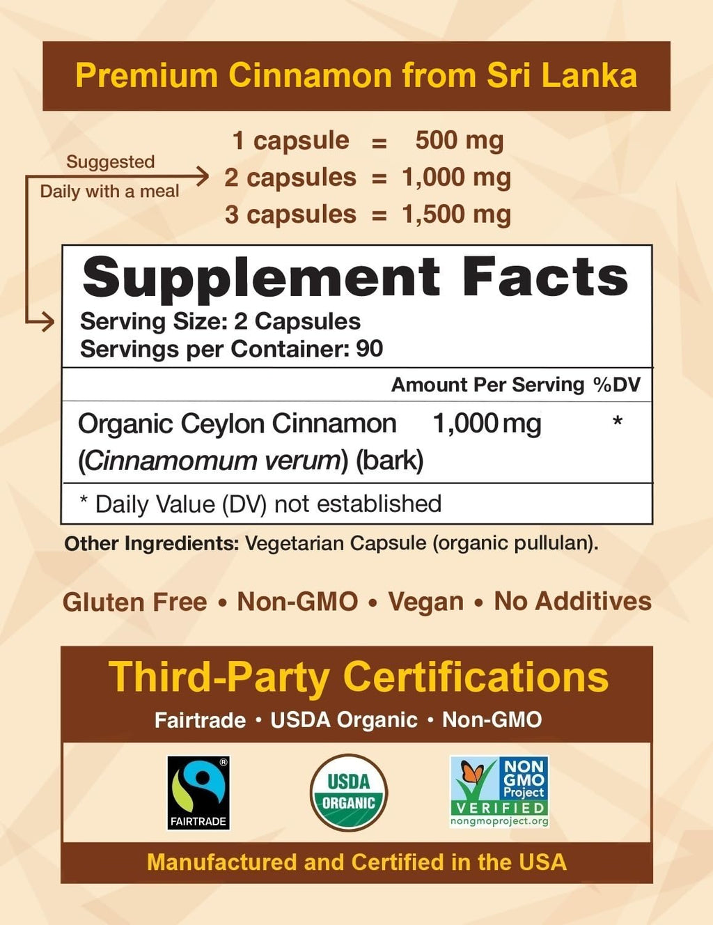 Organic Ceylon Cinnamon Capsules, USDA Certified Supplement - 180 Count