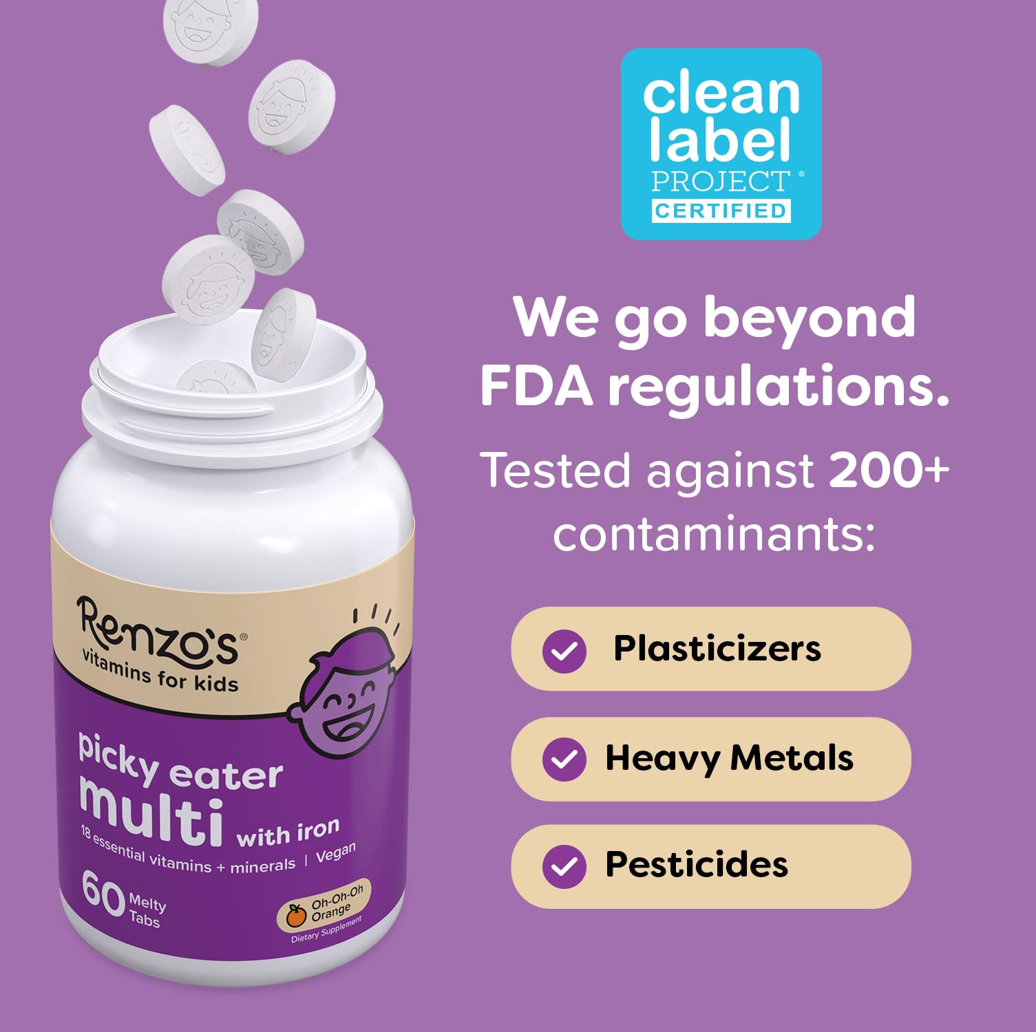 Renzo's Picky Eater Kids Multivitamin with Iron - Dissolvable Kids Vitamins with Iron, Zinc, Vitamin C, Vitamin D, E & K, Sugar-Free Melty Tabs, Cherry Flavor, 60-Count (1-2 Month Supply)