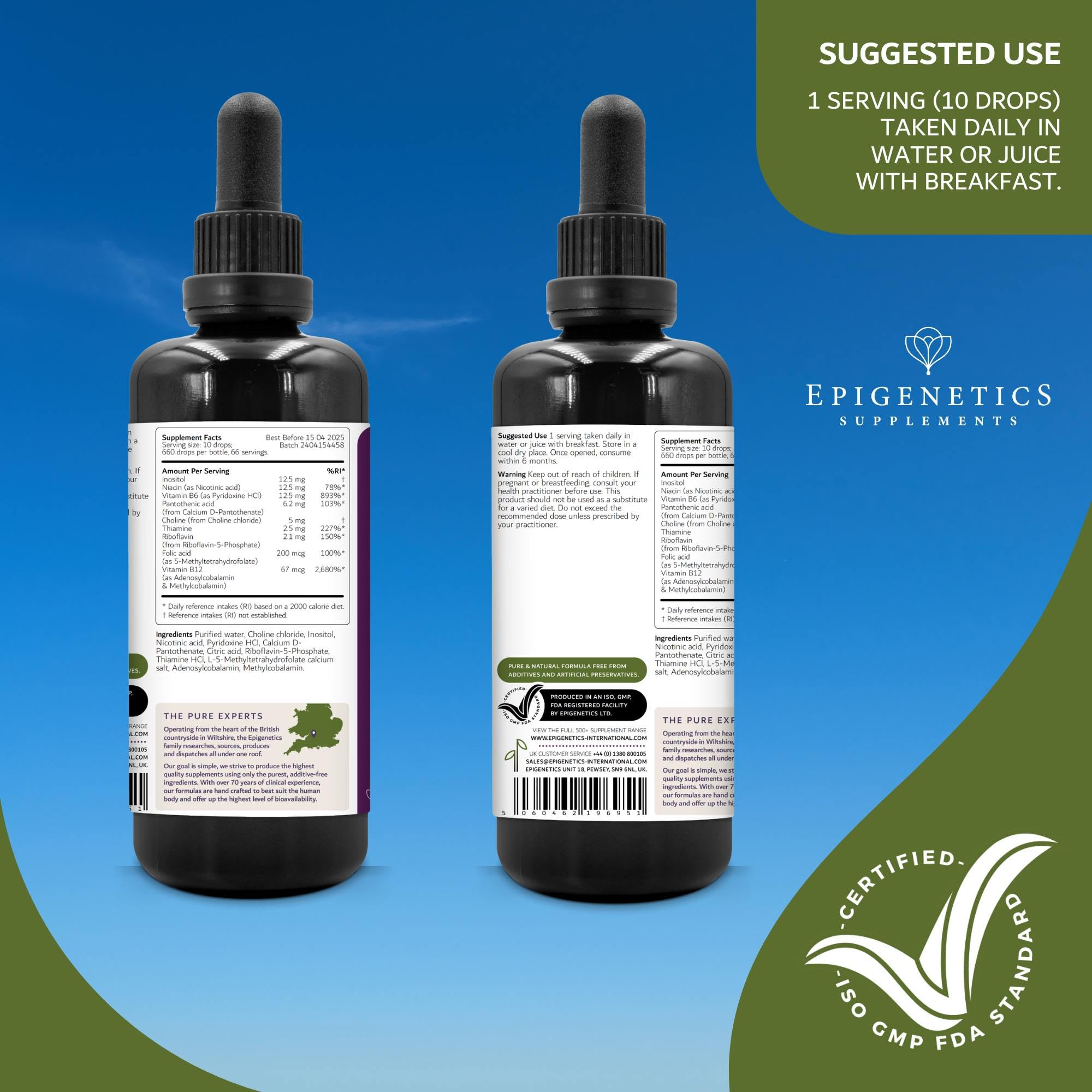 Vitamin B Complex Liquid Drops 50ml | 2 Months Supply, 66 Servings. High Strength Vitamin B12 Methylcobalamin & Adenosylcobalamin, B1, B2, B3, B5, B6 with Choline, Folic Acid | UK Made & Vegan