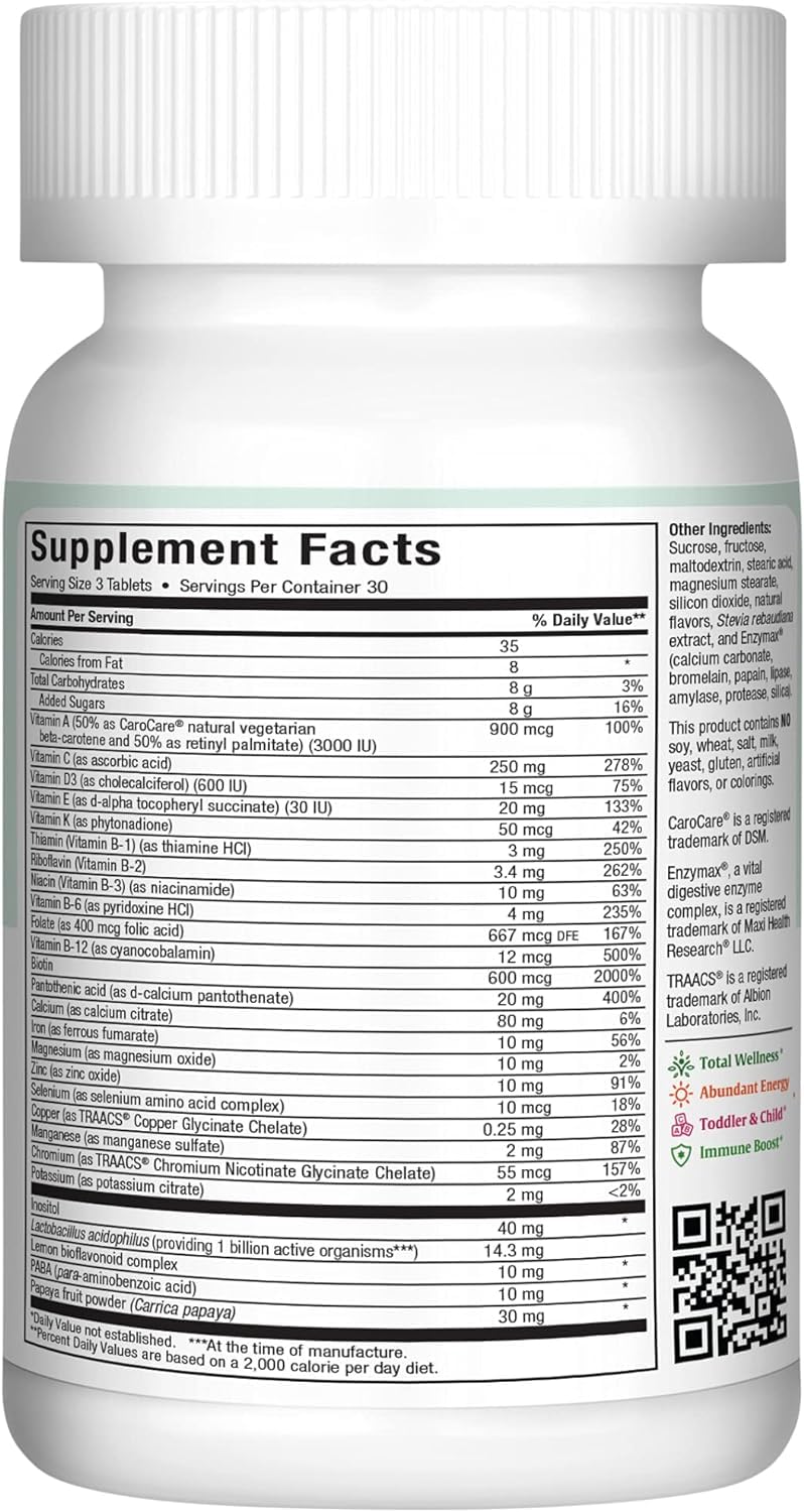 Maxi Health Chewable Multivitamin for Kids, Teens and Adults - Cherry Chewable Vitamins for Adults & Children - Kosher Kids Multivitamin + Iron (90 Tablets)