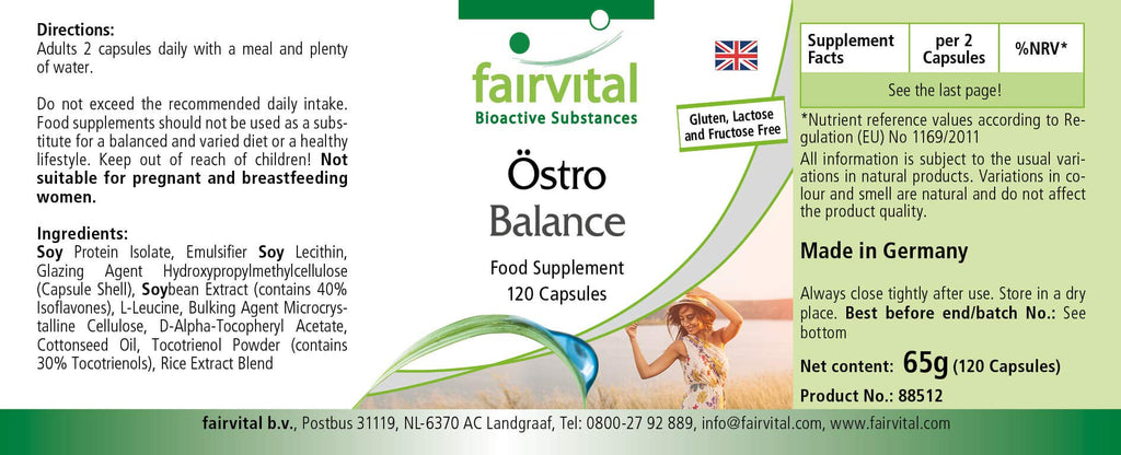 Fairvital Östro Balance - Support for Menopause - 120 Capsules - High Dose - Soy Isoflavones + Vitamin E