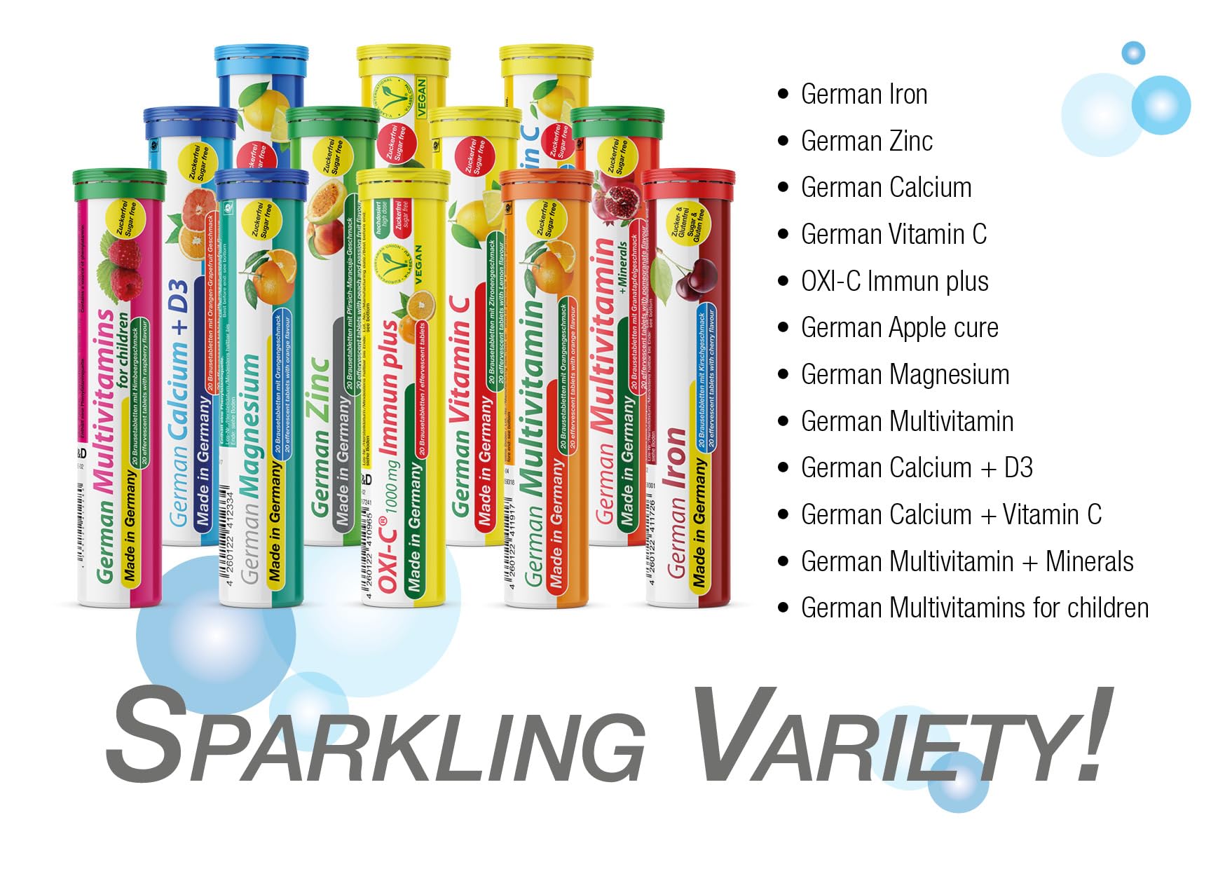 T&D German Vitamin, Minerals - 100 Vegan/Vegetarian Drink Effervescent Tablets - Mixed Fruit Flavor Box - Made in Germany