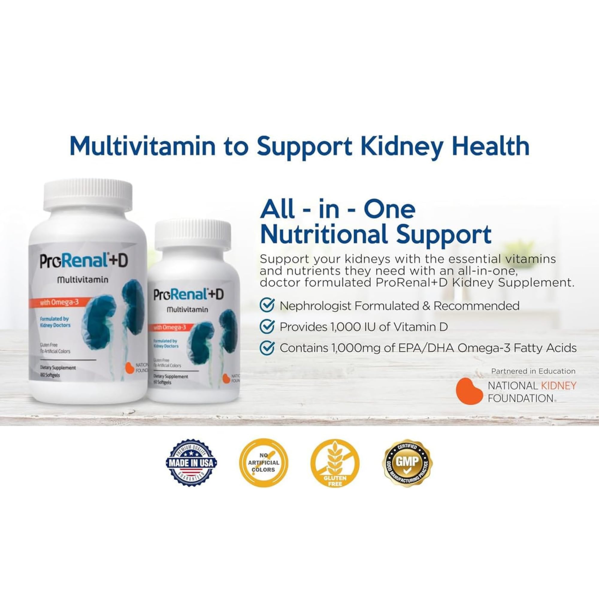 ProRenal+D with Omega-3 Fish Oil Kidney Multivitamin 180 Softgels, 90-Day Supply