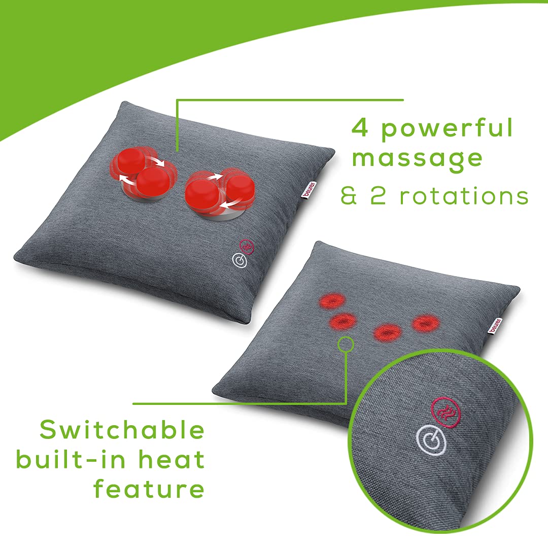 Beurer Shiatsu Back and Neck Massager | Kneading Deep Tissue Massage Pillow with Heat | Shiatsu Massager for Neck, Shoulders, Lower Back, Legs | Portable Massage Cushion with Optional Heat, MG134