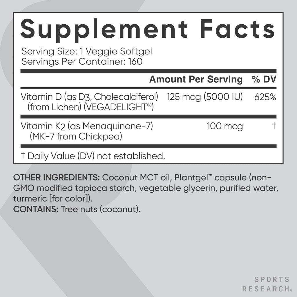Sports Research Vitamin D3 K2 with 5000iu of Plant-Based D3 & 100mcg of Vitamin K2 as MK-7, Non-GMO Verified & Vegan Certified - 160 Liquid Softgels