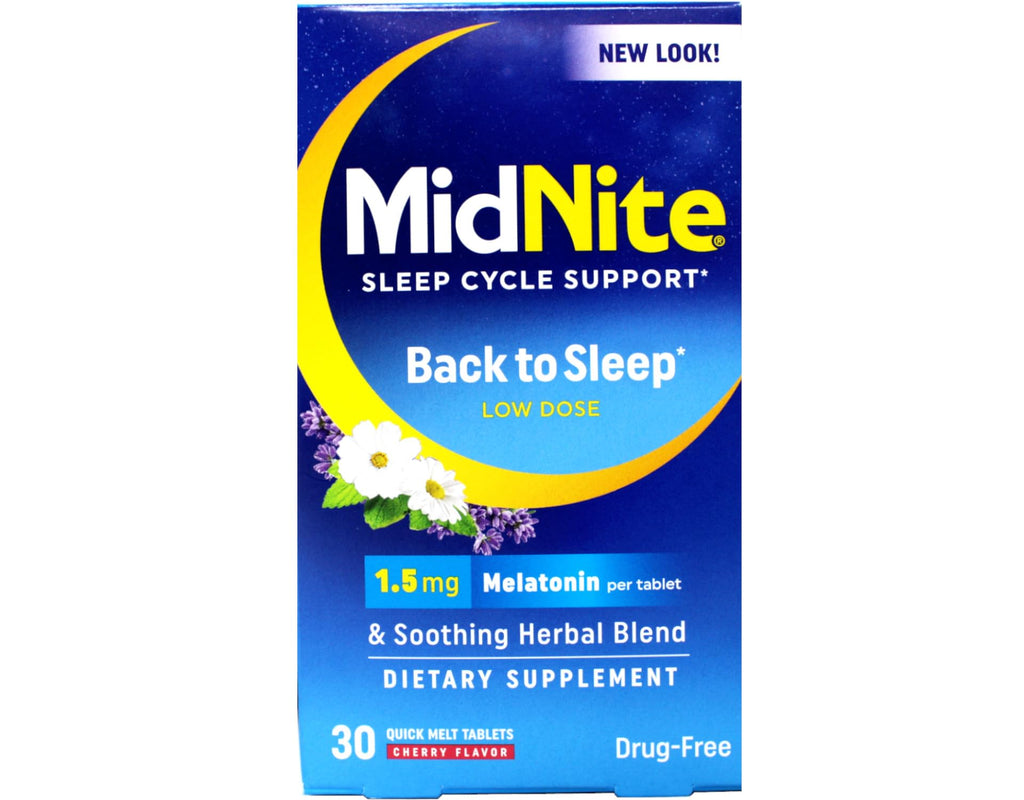 MidNite Sleep Cycle Support Back to Sleep Low Dose Melatonin & Herbal Blend, Cherry Flavor, 30 Quick Melt Tablets (Pack of 4)