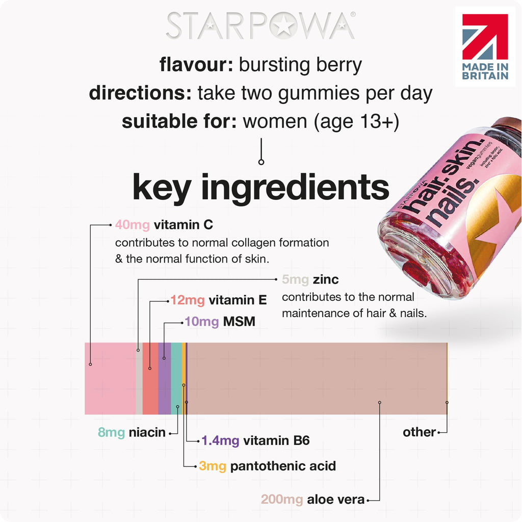 Starpowa Hair Skin and Nails Vitamins - Vitamin Gummies for Growth, Strength & Radiance - Packed with Biotin, Zinc, Vitamins A, C, D, E, B12 & Aloe Vera - Plant-Based, Gluten-Free - Berry, 60 Chews