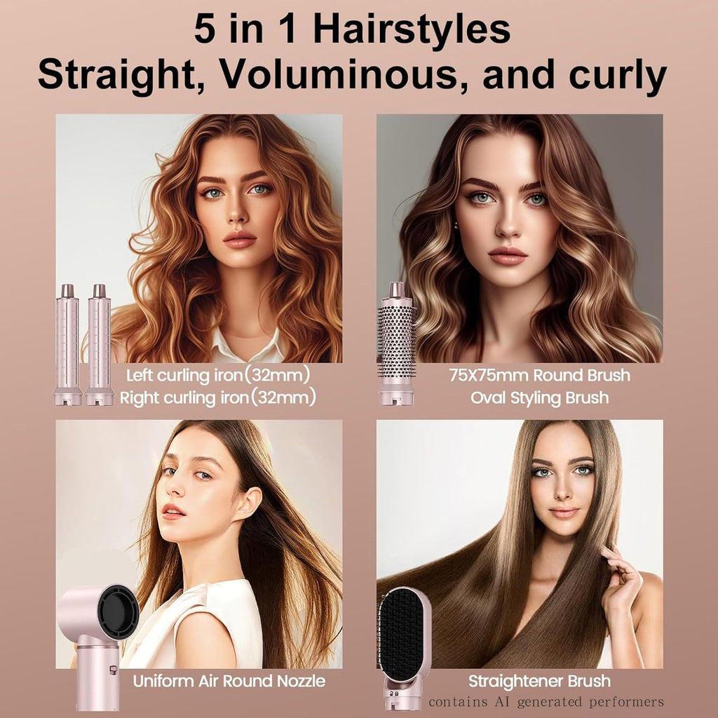 Dryhsip 5 in 1 Hair Styler & Wrap Air Curler, Low-Speed Negative Ionic Hair Tools Drying, Multi Hair Styler, Professional Blow Dryer Brush for Curling Volumizing Straightening Styling (Pink)