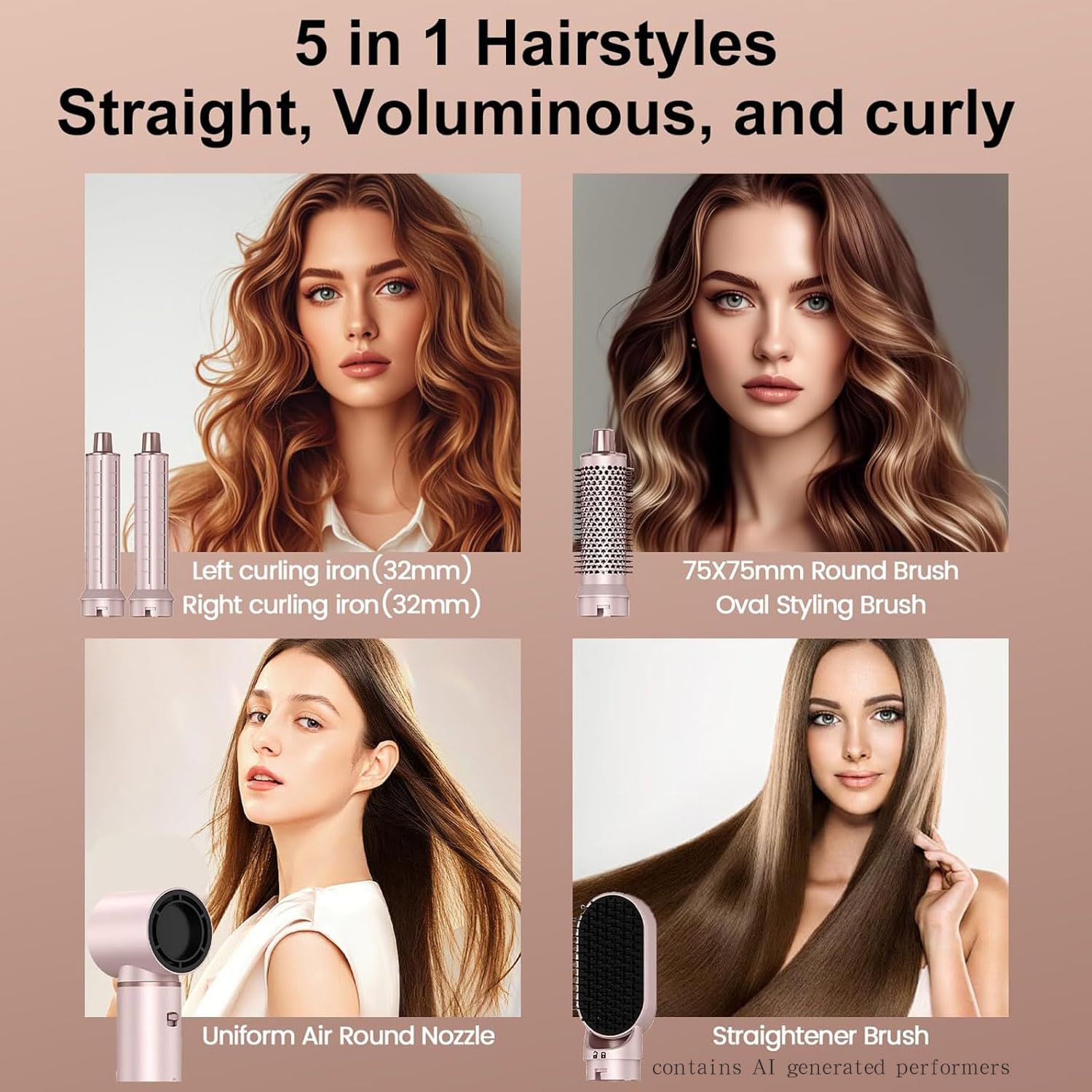 Dryhsip 5 in 1 Hair Styler & Wrap Air Curler, Low-Speed Negative Ionic Hair Tools Drying, Multi Hair Styler, Professional Blow Dryer Brush for Curling Volumizing Straightening Styling (Pink)