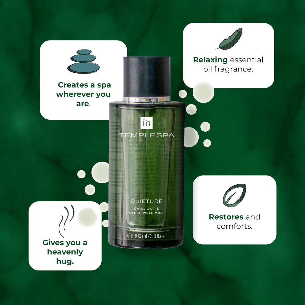 TEMPLESPA | QUIETUDE | Chill Out & Sleep Well Mist - Body Spray, Natural relaxation aid, Lavender, Vetivert, Cedarwood, Chamomile Fragrance, Natural Ingredients, Vegan 3.3 fl.oz.