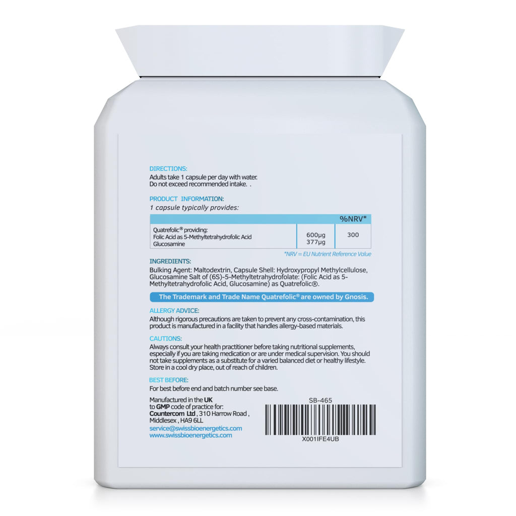 Methyl Folate 600µg - 90 Capsules as Quatrefolic 5-MTHF Supplement 6S-5-methyltetrahydrofolate – the 4th Generation of Folate a Highly biologically Active Form of Folic Acid/Vitamin B9 - UK Made
