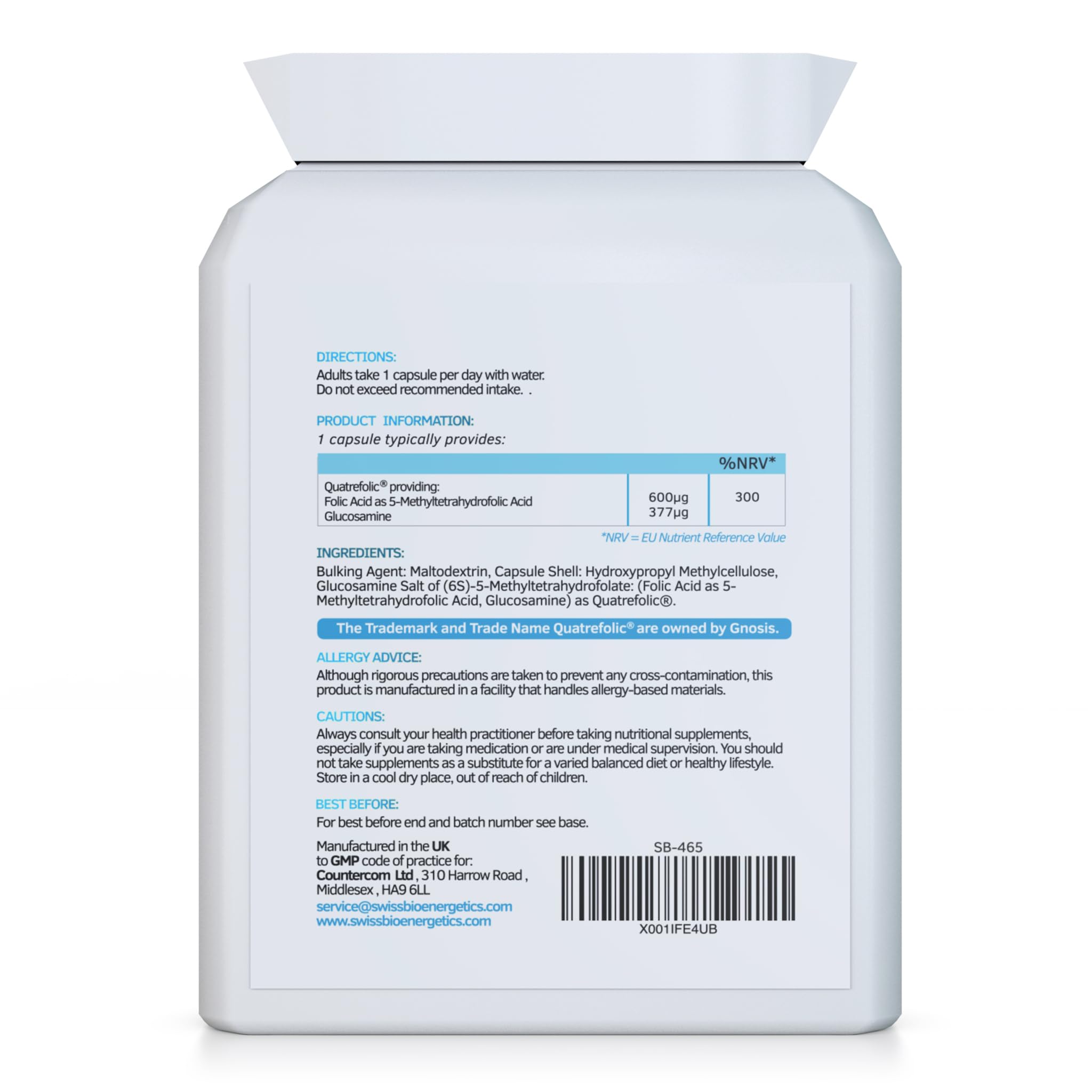 Methyl Folate 600µg - 90 Capsules as Quatrefolic 5-MTHF Supplement 6S-5-methyltetrahydrofolate – the 4th Generation of Folate a Highly biologically Active Form of Folic Acid/Vitamin B9 - UK Made