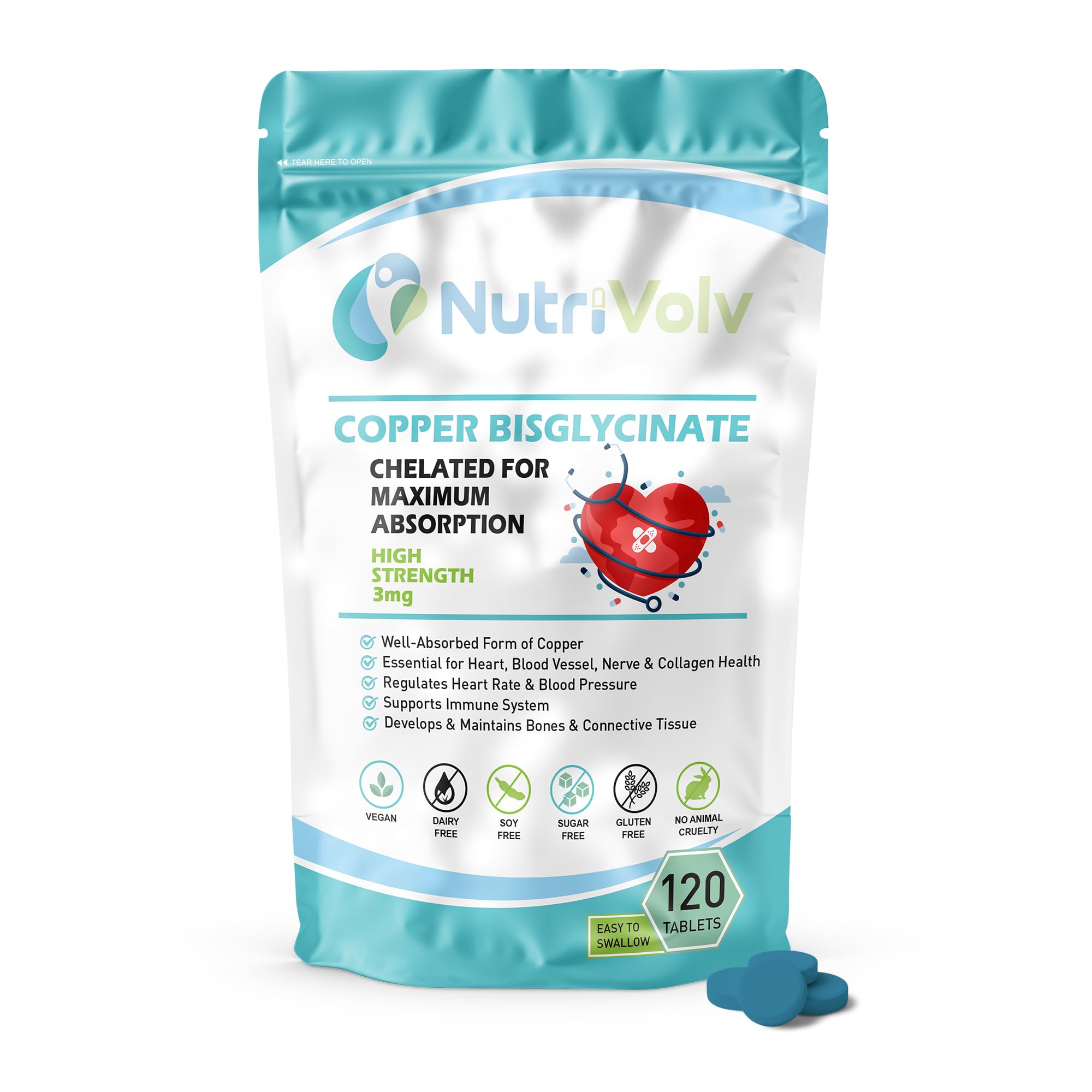 Copper Bisglycinate 3mg Vegan Chelated Cu for Healthy Heart and Improved Immune System, UK Made Pills for Men and Women - 120 Tablets