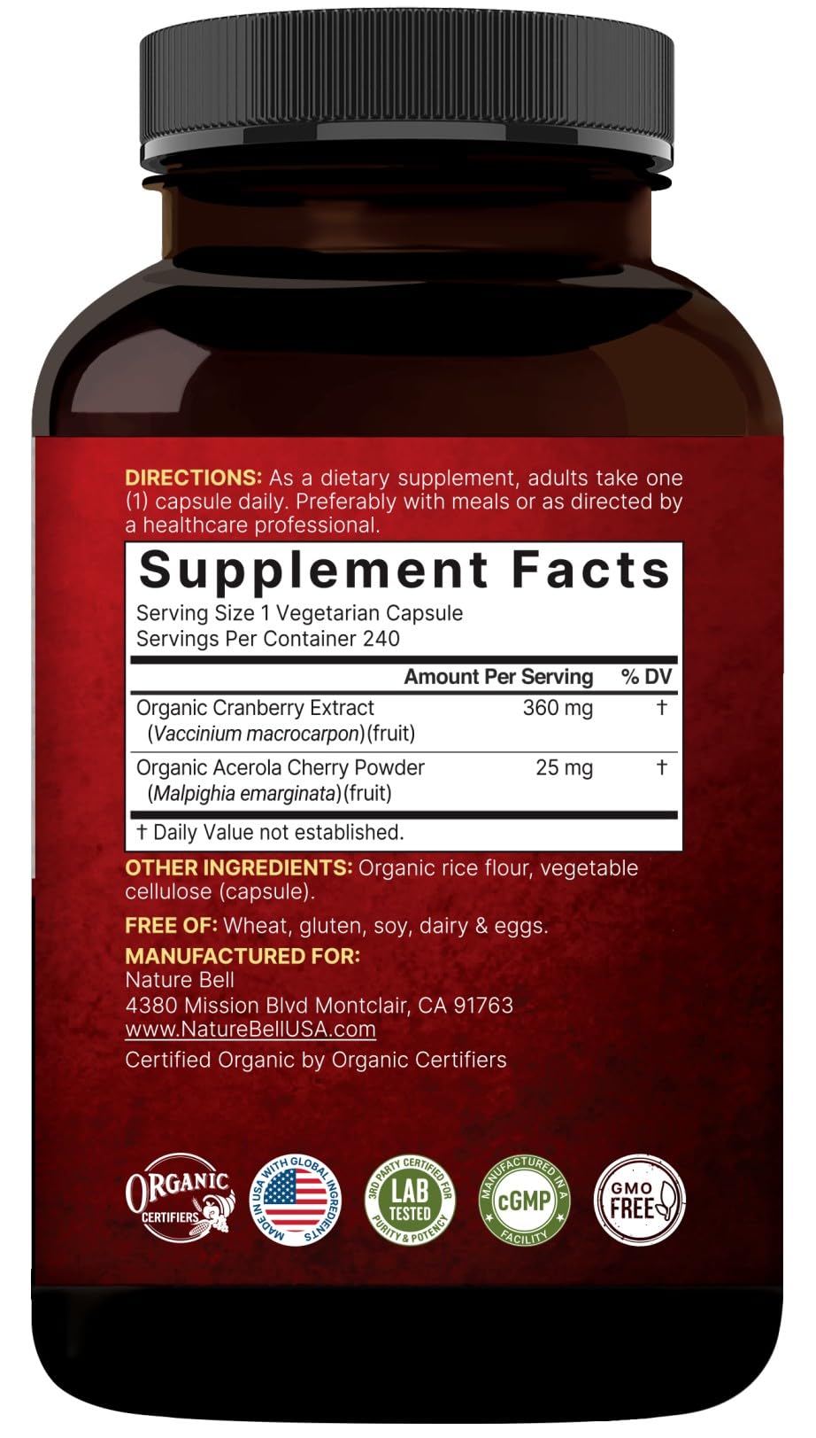 NatureBell 2 Pack Cranberry Concentrate with Acerola, 240 Vegetarian Capsules | Organic Cranberry Fruit Extract with Organic Acerola Cherry – Non-GMO, cGMP Manufactured