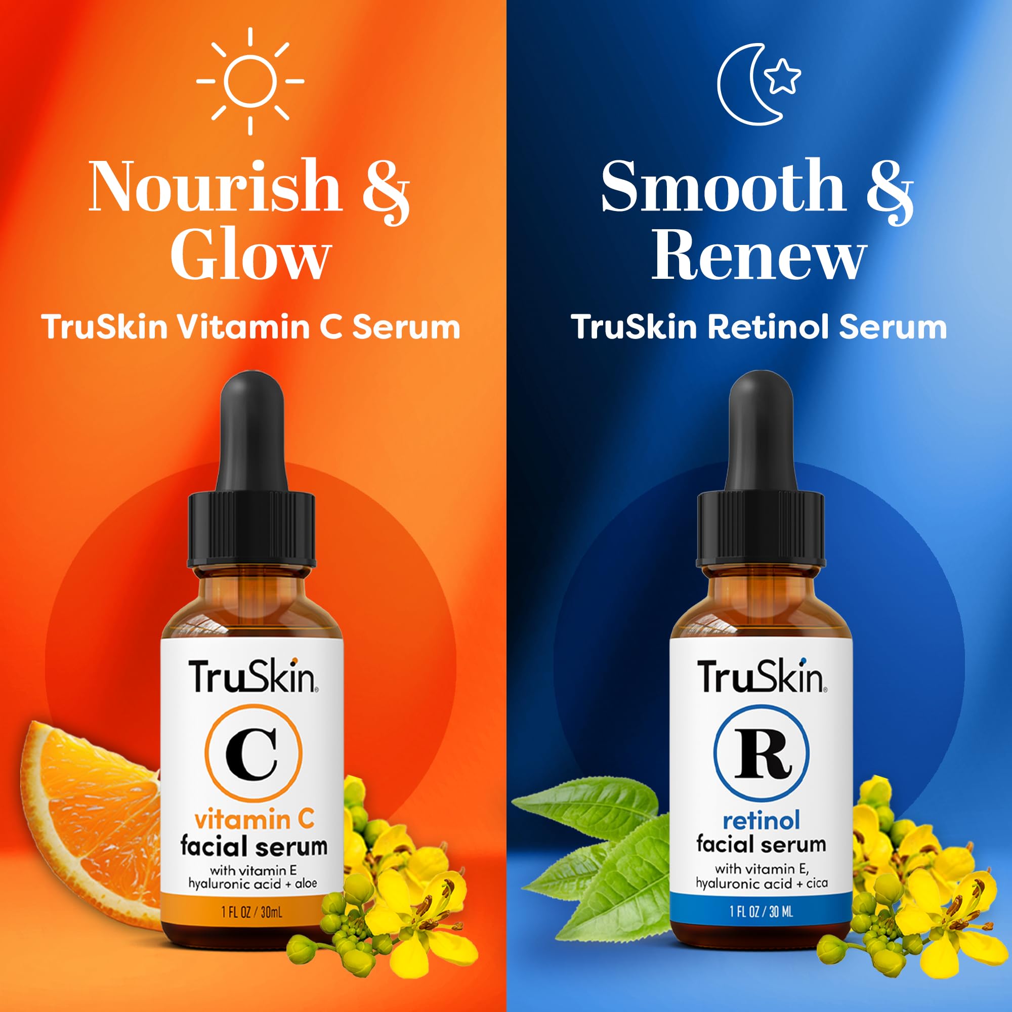 TruSkin Face Serum Duo - Vitamin C Serum & Retinol Serum for Face - AM & PM Anti Aging Skincare Routine - Brightening & Smoothing Facial Serums, 1 fl oz Each