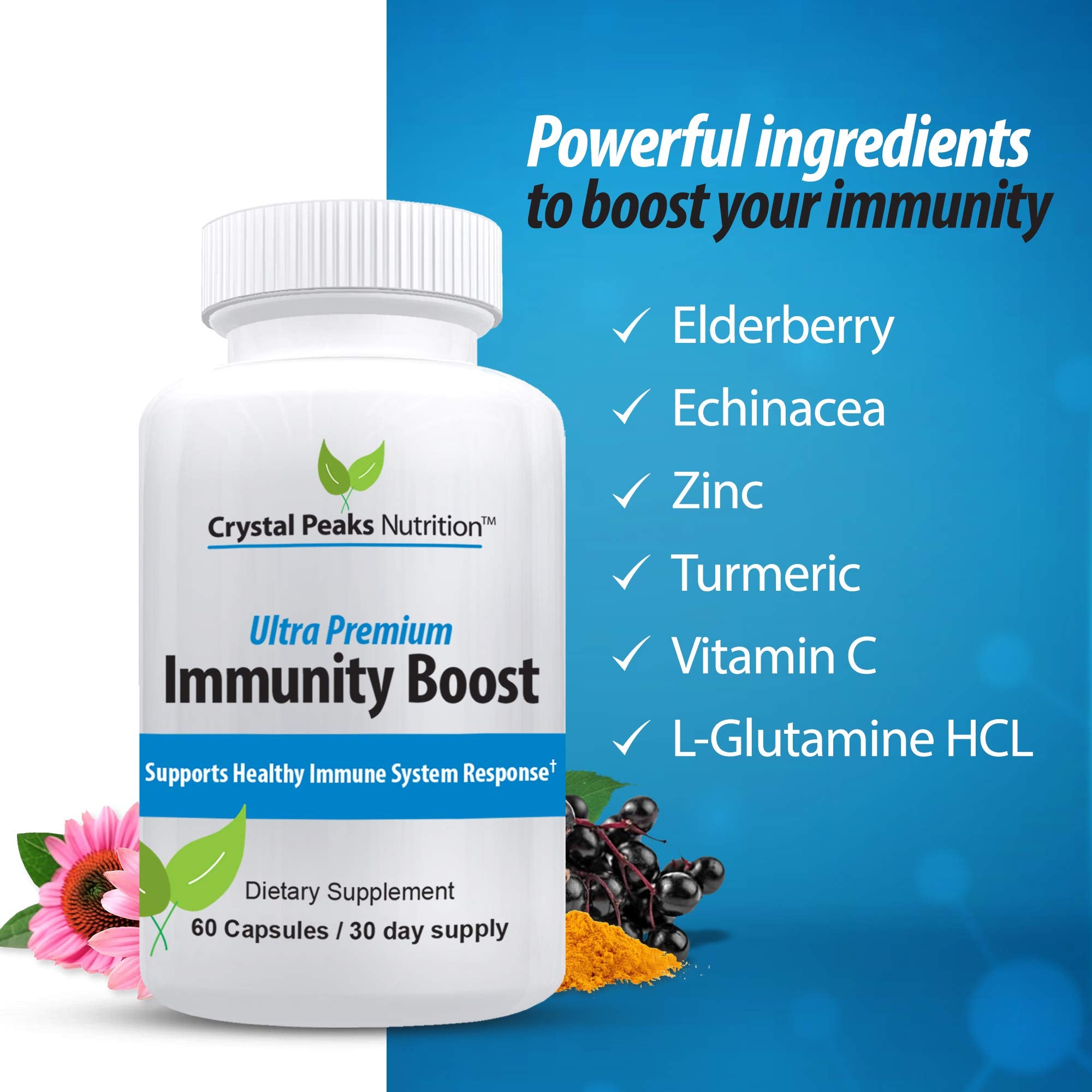 Immune Support Capsules with Elderberry, Vitamin C, Echinacea, Garlic, Zinc, Turmeric, and More for Adult Men and Women - Easy-to-Swallow Immune Support Vitamins - 60 Vegan Capsules (30 Day Supply)