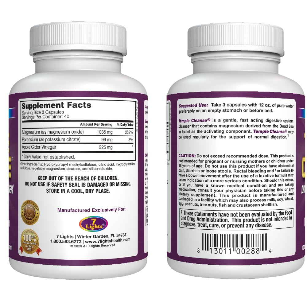 Temple Cleanse 120 Capsules | Oxygen & Dead Sea Magnesium Colon Cleanse Detox, Fast-Acting Constipation Relief, No Gas/Bloating, Vegan Gluten-Free Digestive Cleanse, Gentle on Stomach for Women & Men