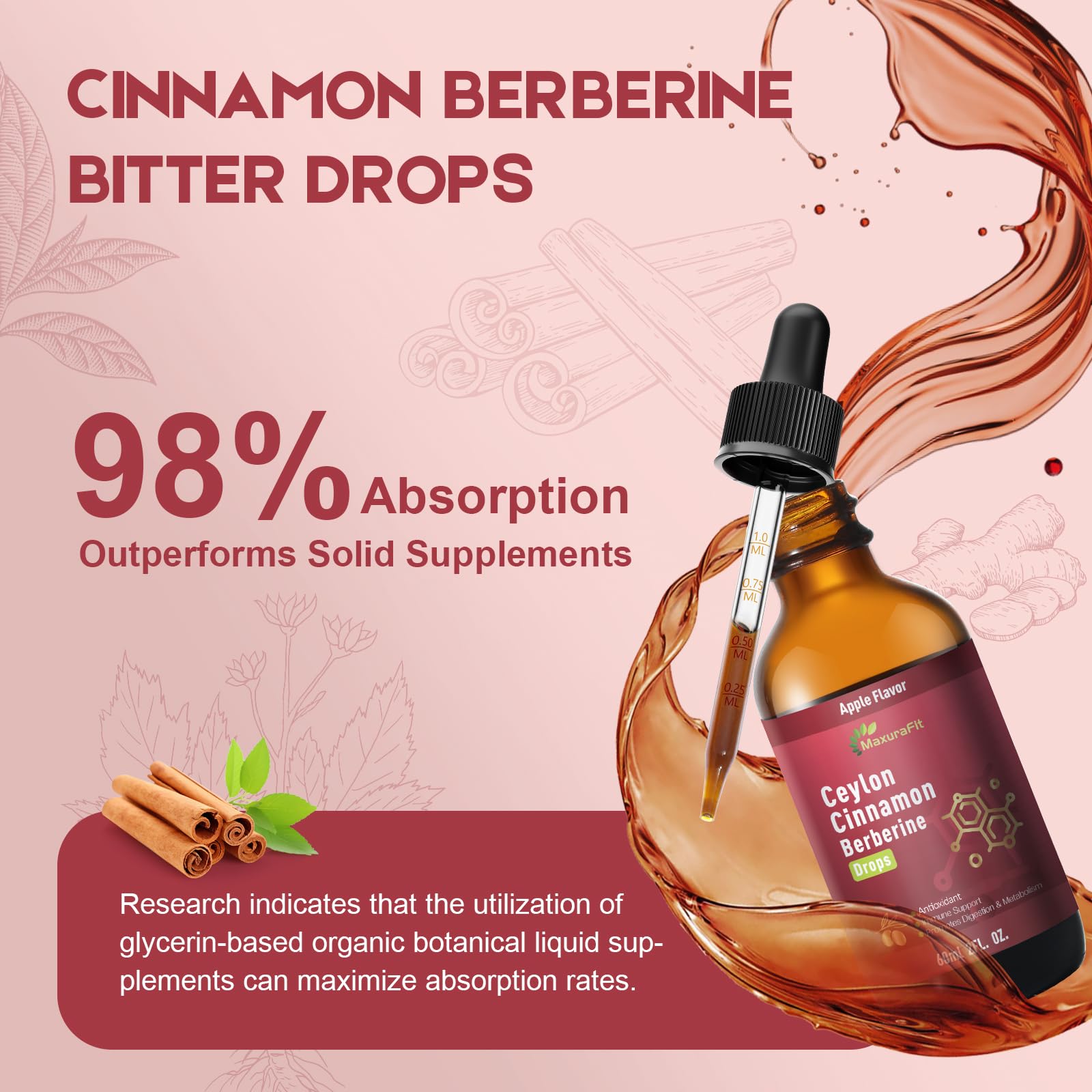 2 Pack Ceylon Cinnamon Berberine Bitter Liquid Drops Supplement with Turmeric,Green Tea,Apple Cider Vinegar,Black Seed Oil for Immune System & Digestive System Supports 4 FL OZ