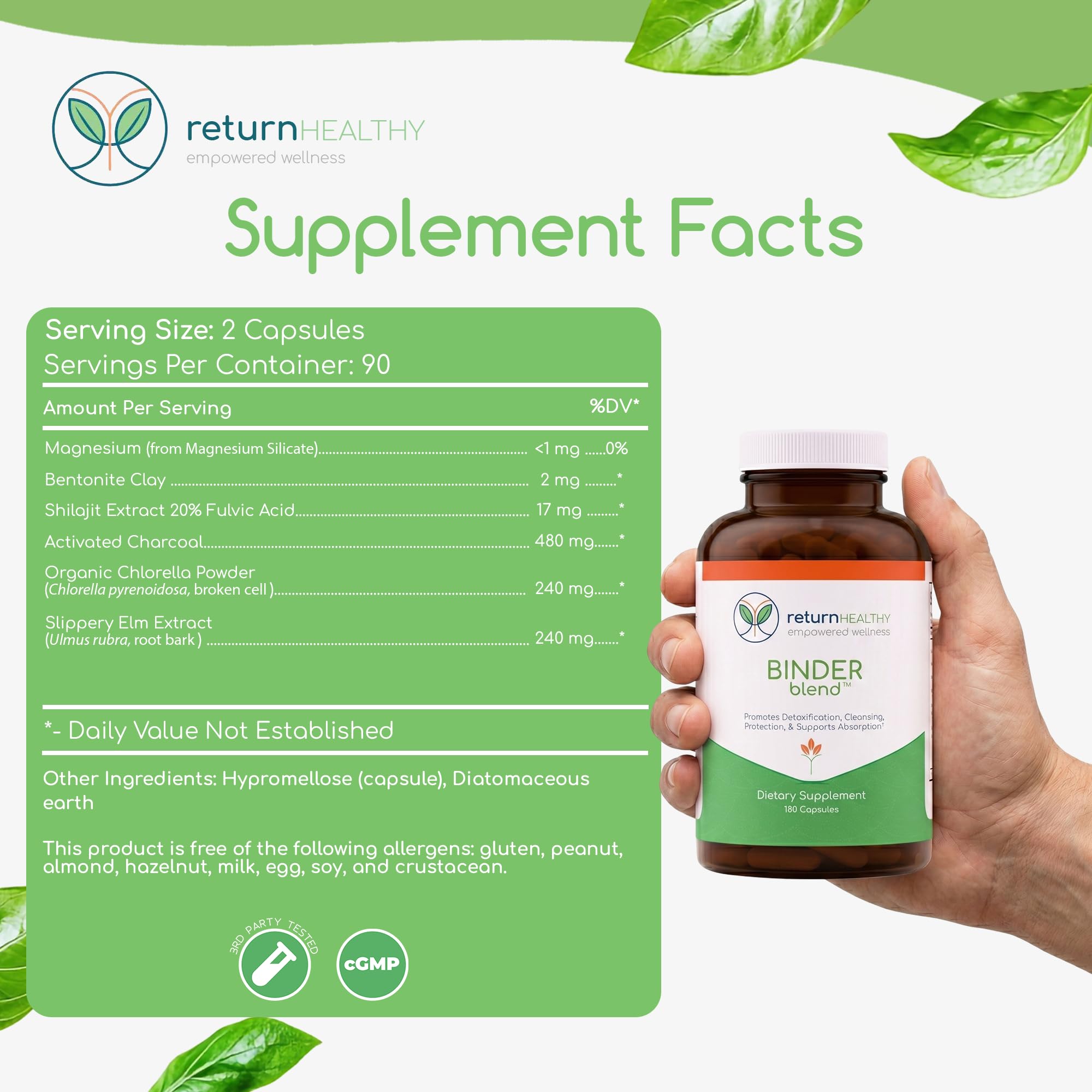 Binder Blend - Toxin Binder Supplement, Detox Capsules for a Healthy Gut - 180 Capsules - 90 Servings - 960mg Activated Charcoal & 480mg Organic Chlorella - Bloating Relief - Bentonite Clay