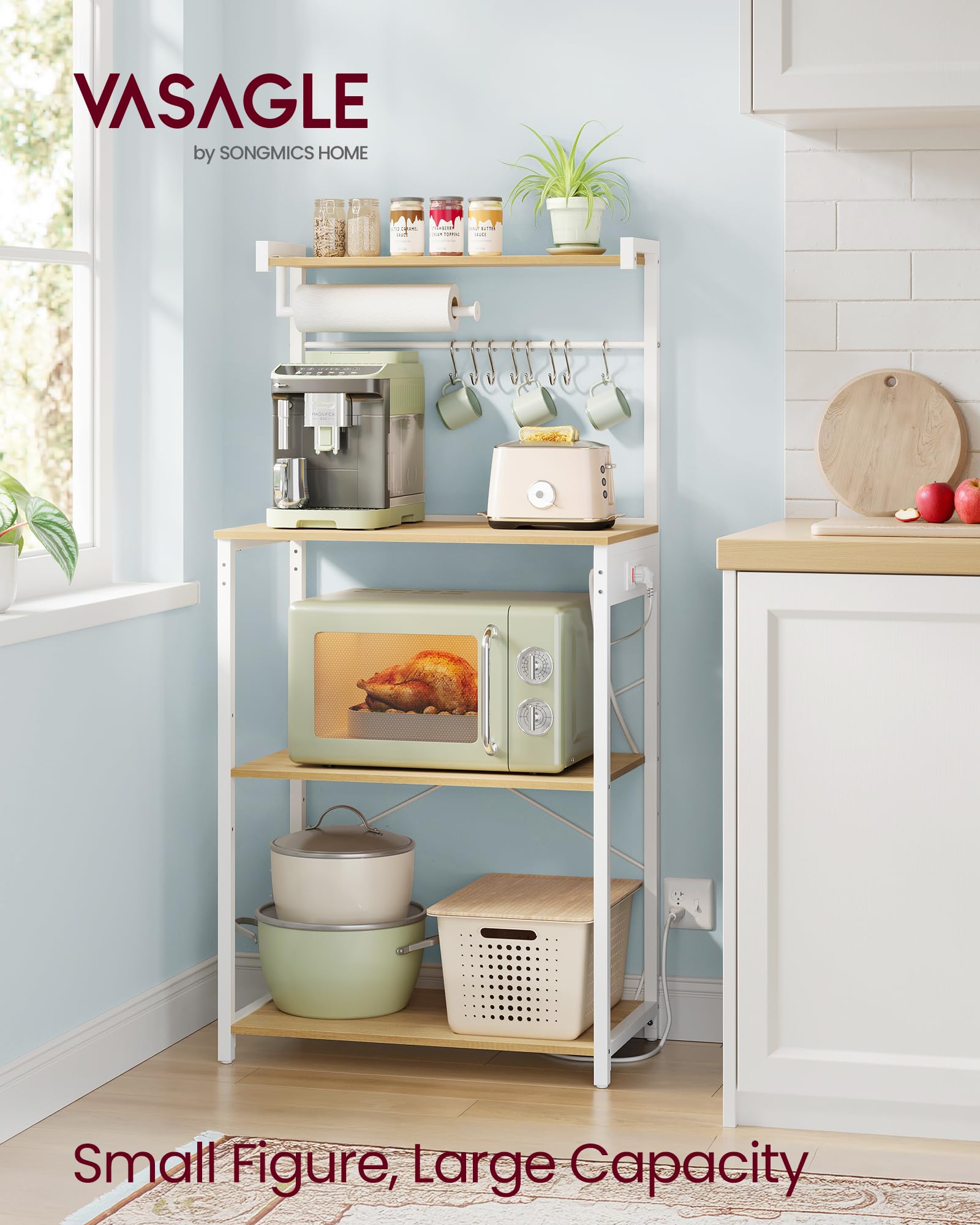 VASAGLE UKKS014Y01V1 Kitchen Bakery Shelf with Power Outlet, 4 Tier with 8 S Hooks, Adjustable Shelf for Small Spaces, Golden Oak and Cloud White