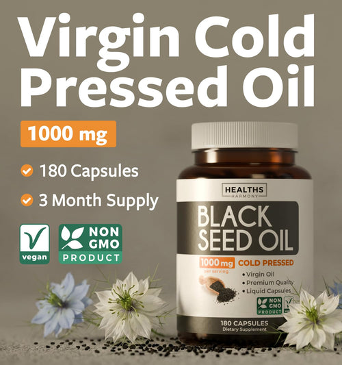 Black Seed Oil - 180 Softgel Capsules (Non-GMO & Vegan) Premium Cold-Pressed Nigella Sativa Producing Pure Black Cumin Seed Oil with Vitamin E - 500mg Each, 1000mg Per 2 Capsule Serving