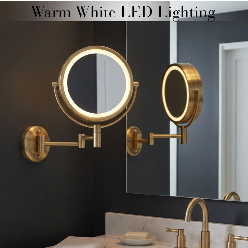 JERDON Wall-Mounted Vanity Mirror with Magnification - Direct Wire Lighted Makeup Mirror - 8X Magnification - Gold Finish, Model HL75BGD