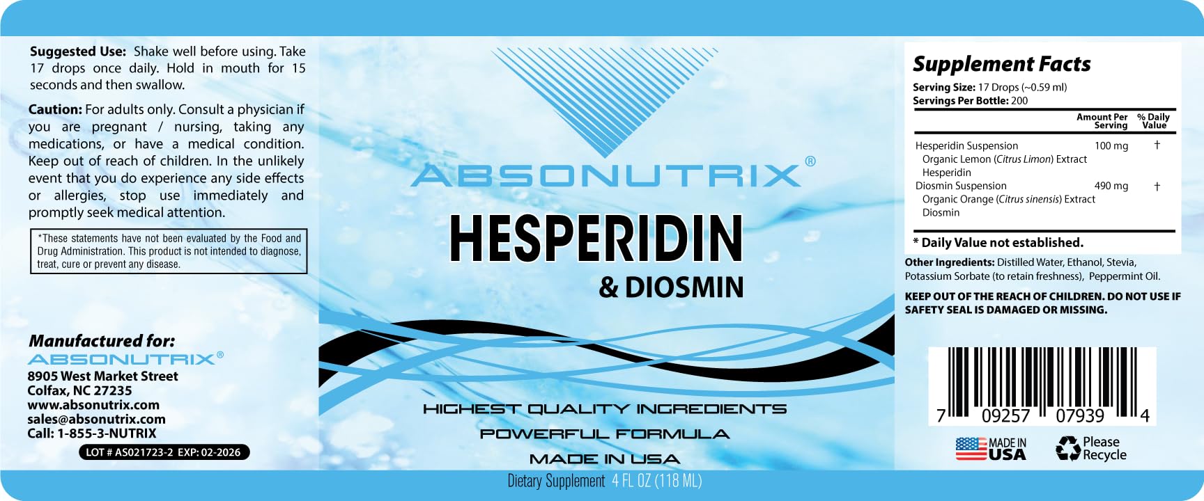 Absonutrix Hesperidin and Diosmin Liquid Drops,593mg 4Oz,Easy Absorption,Helps Improve Mobility,Supports Circulation, Made in USA,Non-GMO,Gluten-Free,GMP-Certified.