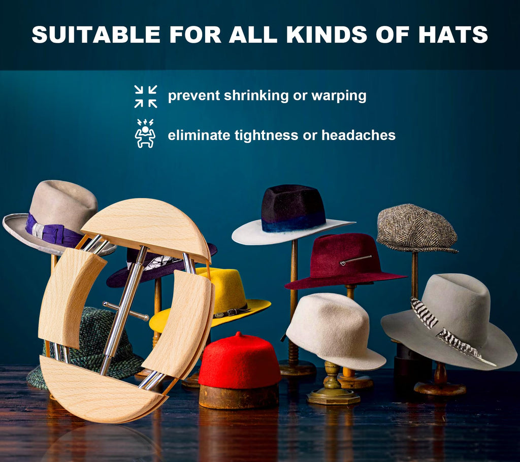 4 Way Hat Stretcher for Fitted Cowboy Hats Caps Stretcher for Men Fits All Caps - Beech Wood, Heavy Duty of Hat Extender Widener Shaper Large Size Enlarger, Beech + Stainless Steel, Large-X-Large